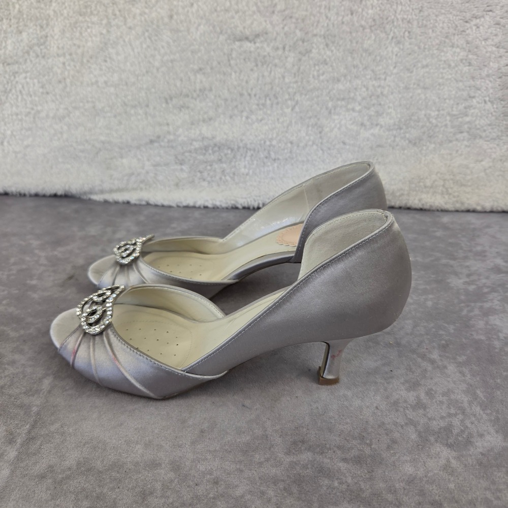Pink Paradox London Silver Satin Rhinestone Peep Toe Kitten Heels Womens 5 EU 35